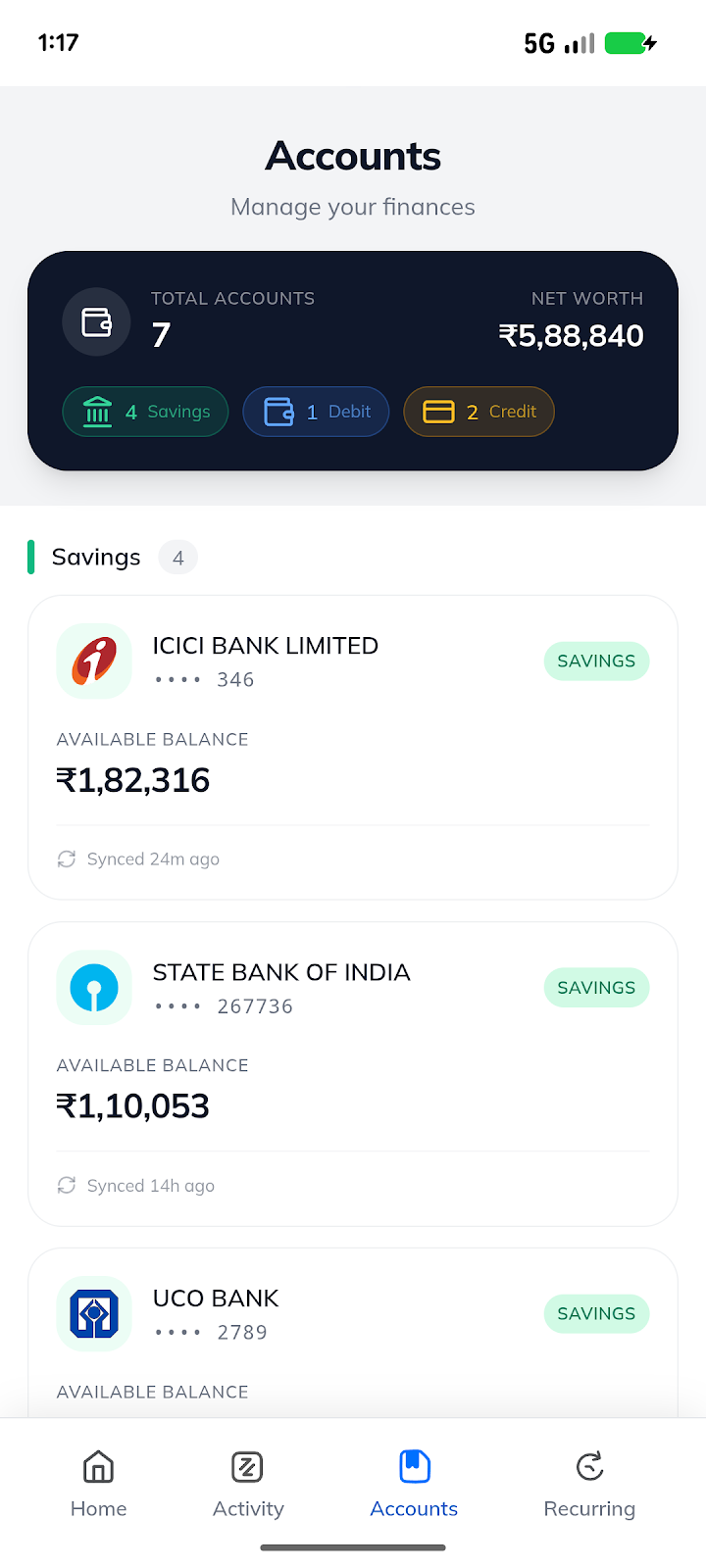 PayTrack accounts screen showing net worth across multiple Indian banks