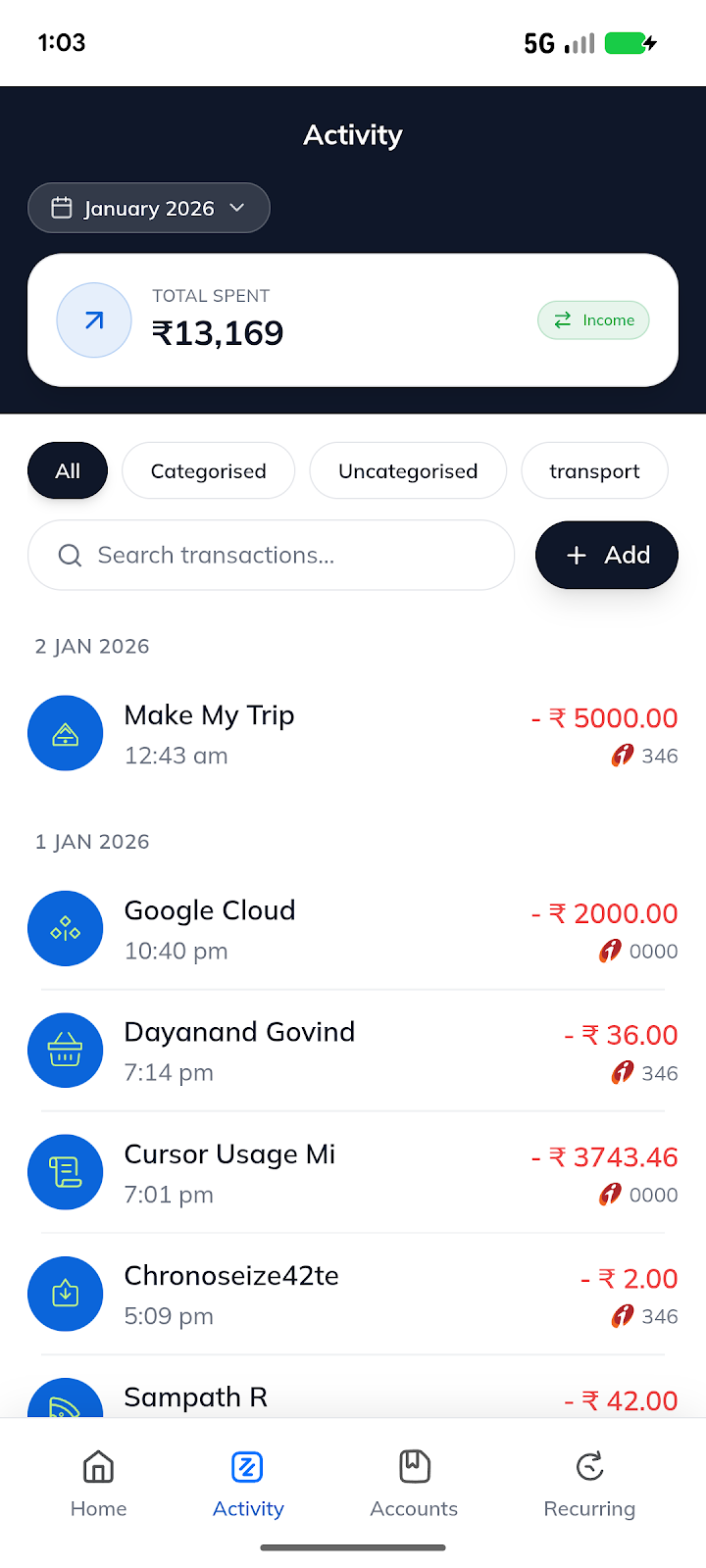 PayTrack transaction activity feed with merchant icons and amounts